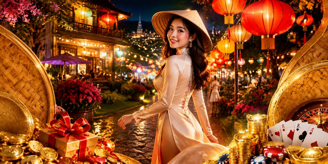 Không khí giải trí casino trực tuyến tại Đà Lạt với nón lá và ánh đèn buổi tối